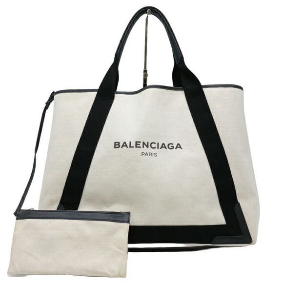 BALENCIAGA Navy Cabas Tote Bag Leather Canvas Women's White Ivory 339936 - Picture 1 of 10